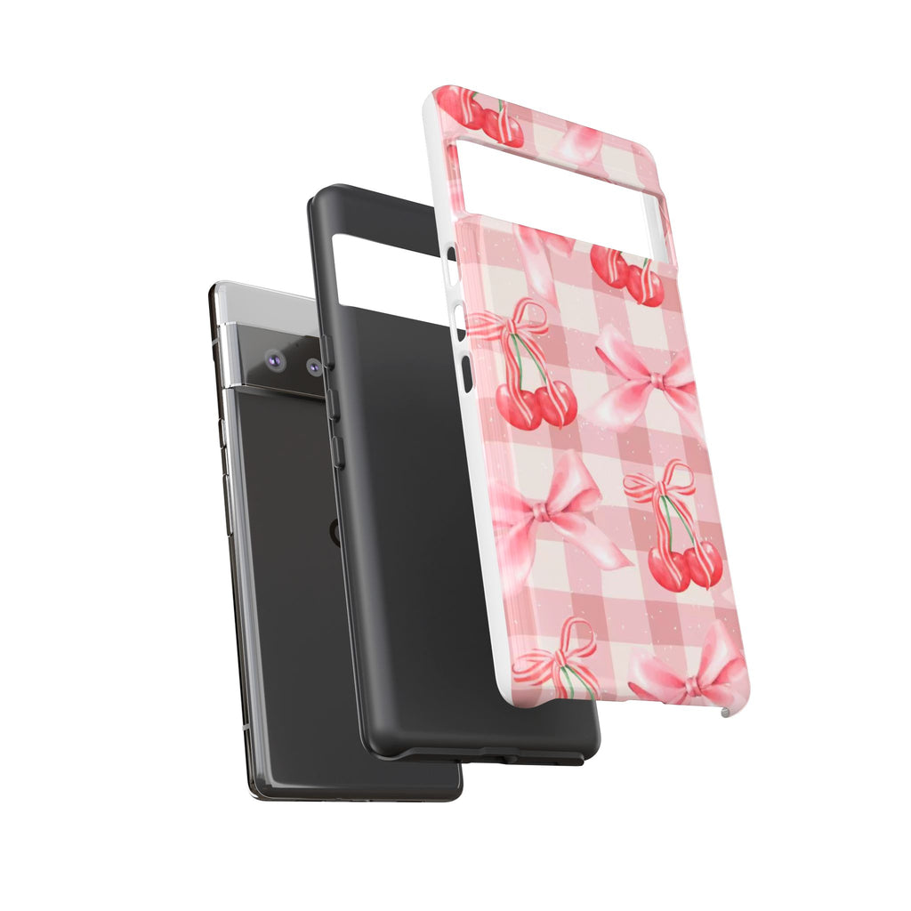 Pink Cherry Bow Phone Case — Cute Gingham Cherry Pattern