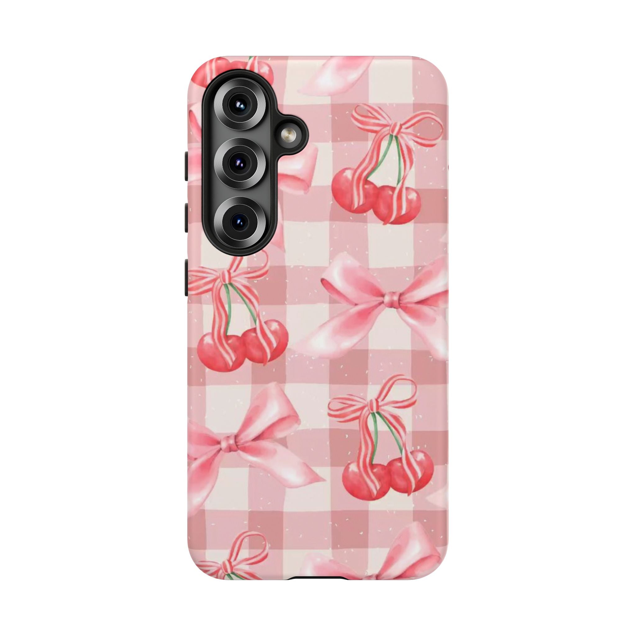 Pink Cherry Bow Phone Case — Cute Gingham Cherry Pattern