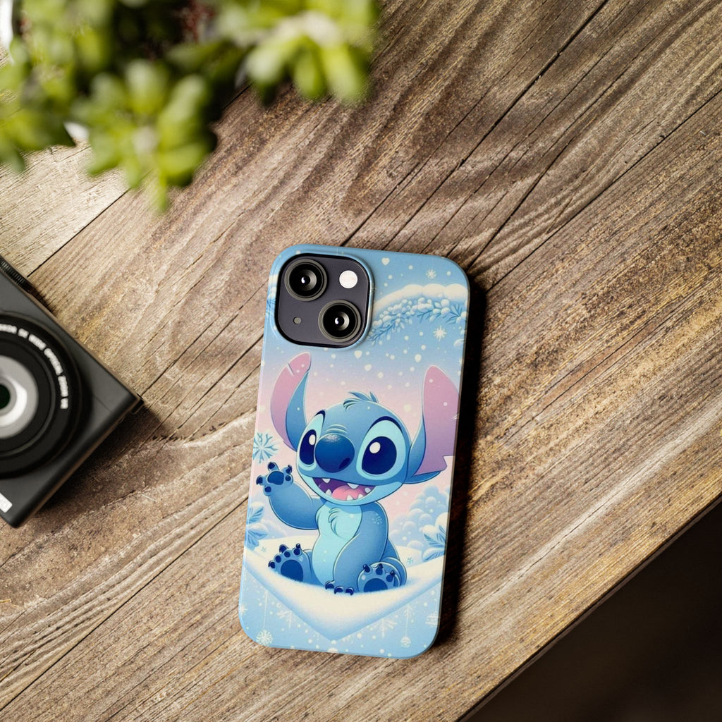 Cute Blue Alien Character Slim Phone Case | Snow Heart Pattern