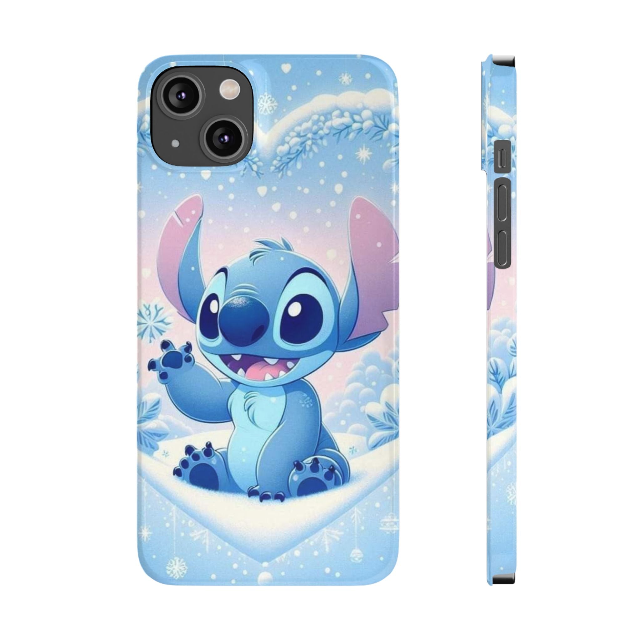 Cute Blue Alien Character Slim Phone Case | Snow Heart Pattern