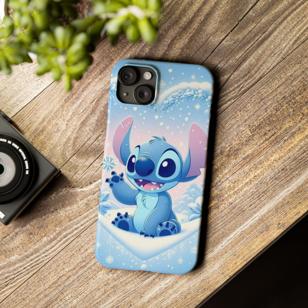 Cute Blue Alien Character Slim Phone Case | Snow Heart Pattern