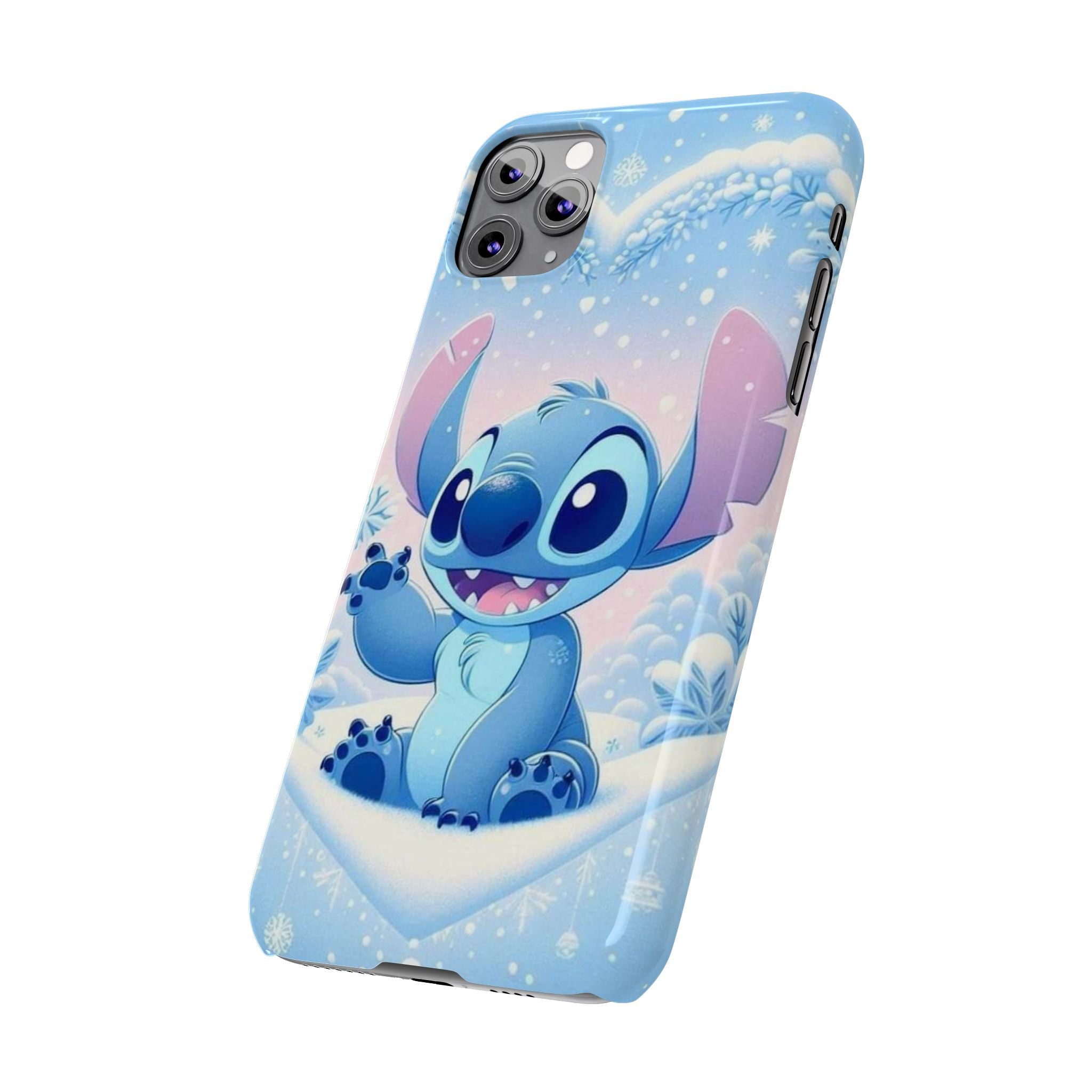 Cute Blue Alien Character Slim Phone Case | Snow Heart Pattern