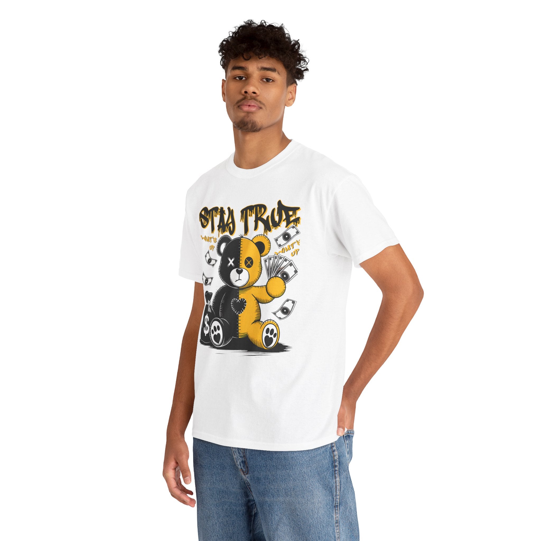 Stay True Bear Graphic Tee — Cute Black & Yellow Money Bear Shirt