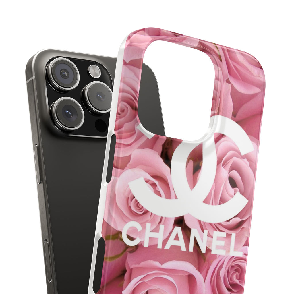 Slim Phone Case — Pink Rose Floral Design with Luxury Logo
