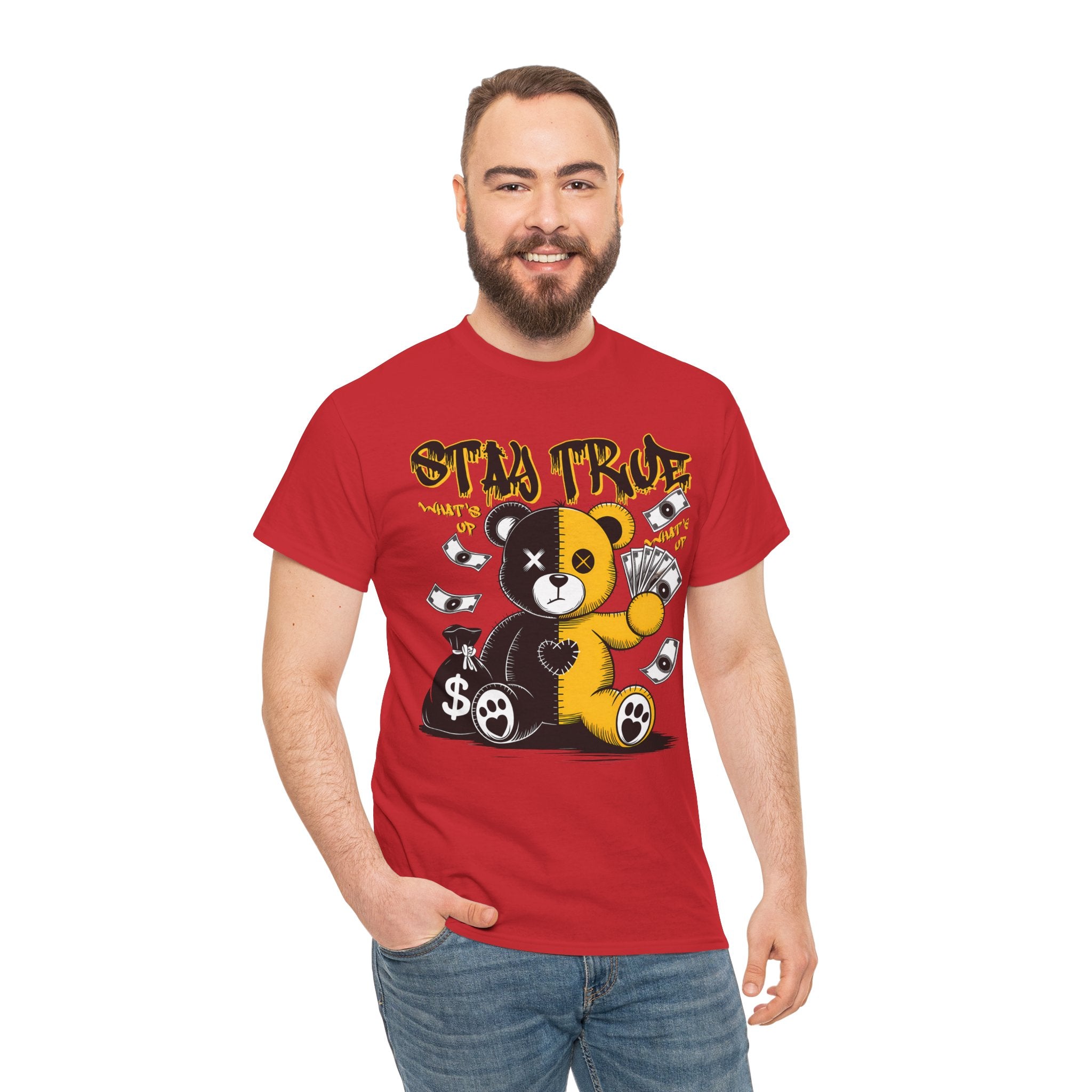 Stay True Bear Graphic Tee — Cute Black & Yellow Money Bear Shirt