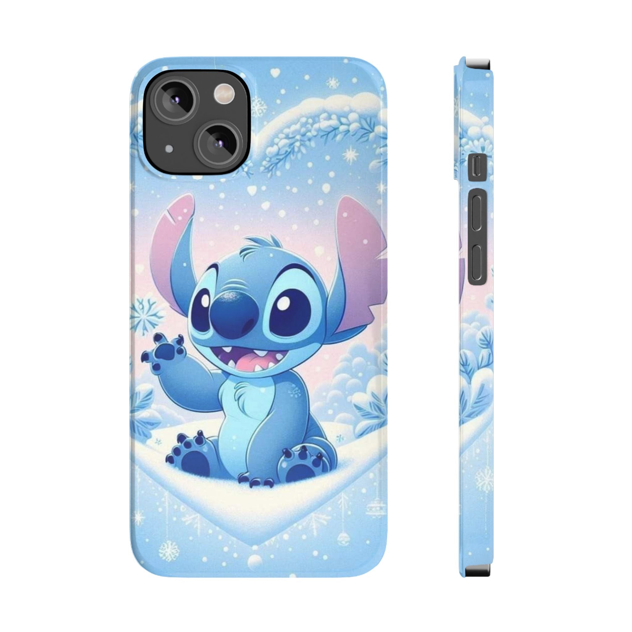 Cute Blue Alien Character Slim Phone Case | Snow Heart Pattern