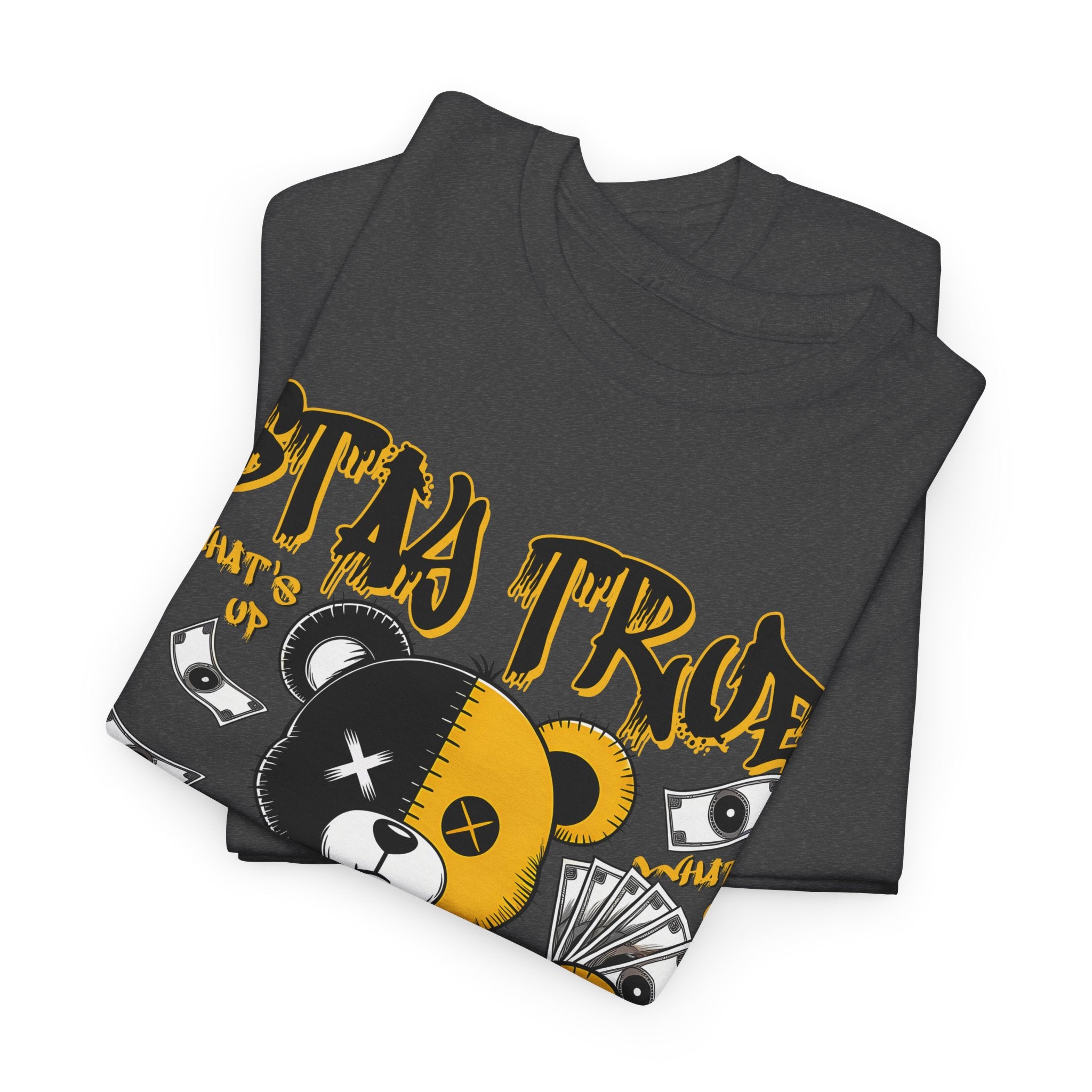 Stay True Bear Graphic Tee — Cute Black & Yellow Money Bear Shirt