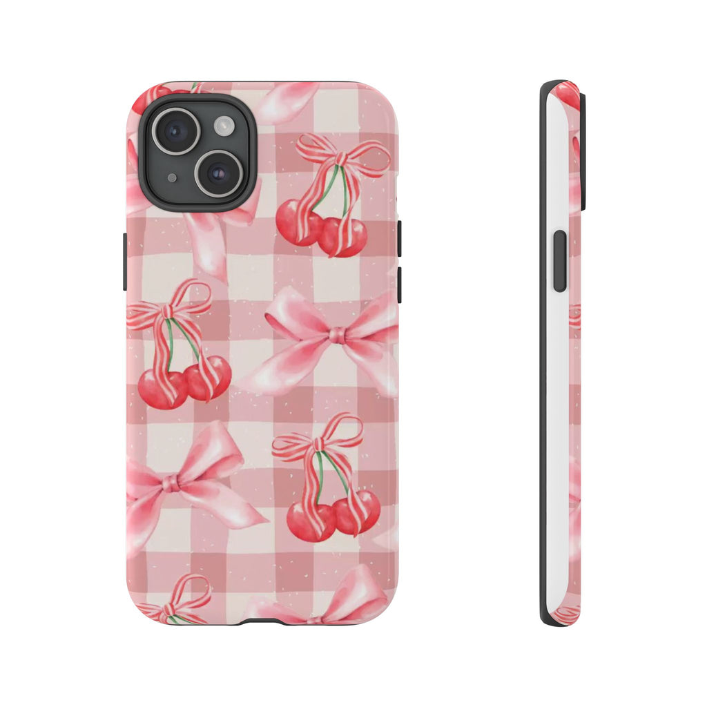 Pink Cherry Bow Phone Case — Cute Gingham Cherry Pattern