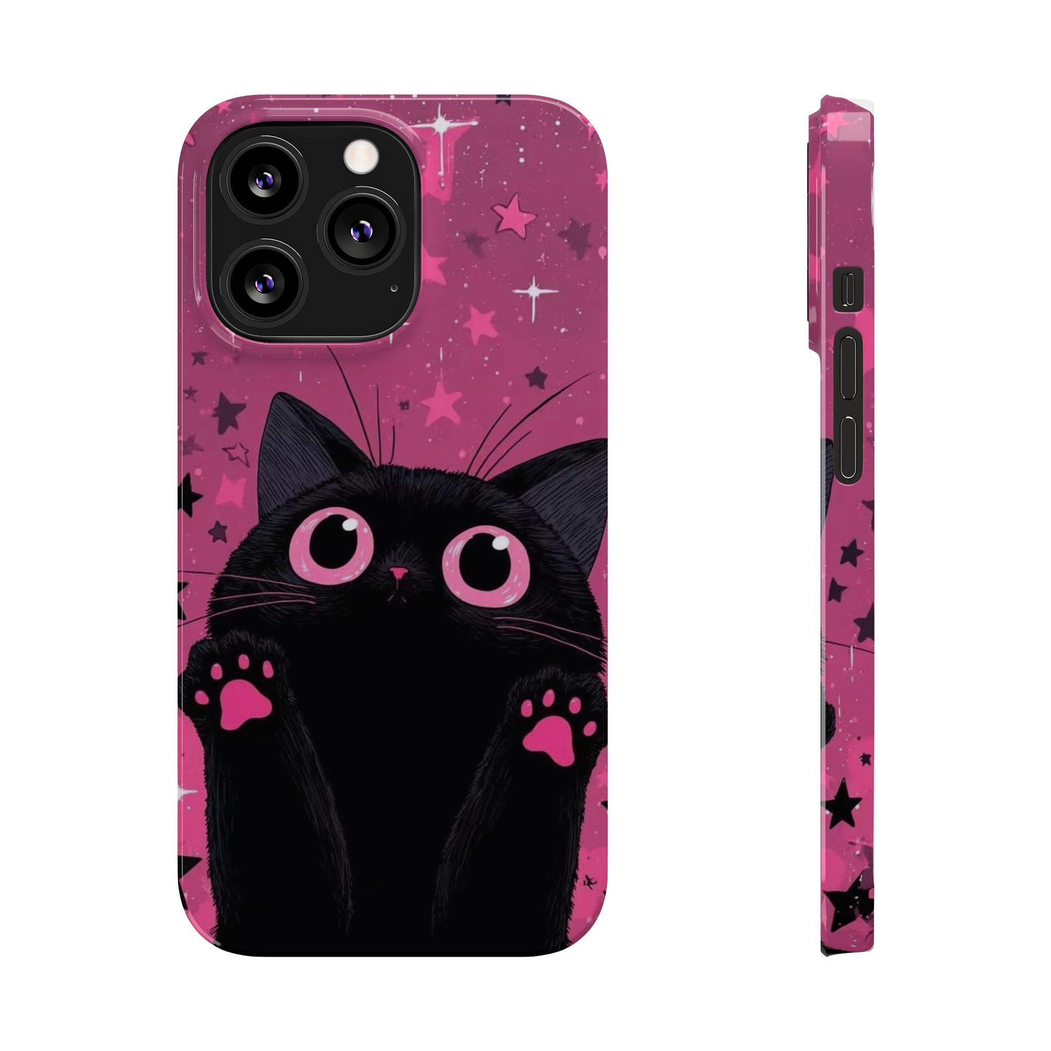 Cute Black Cat with Pink Paws Slim Phone Case | Starry Background