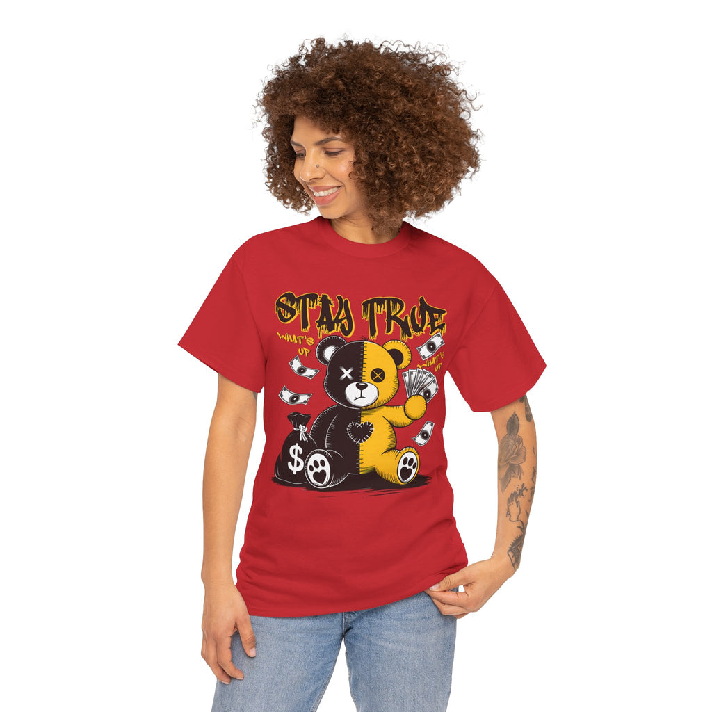 Stay True Bear Graphic Tee — Cute Black & Yellow Money Bear Shirt