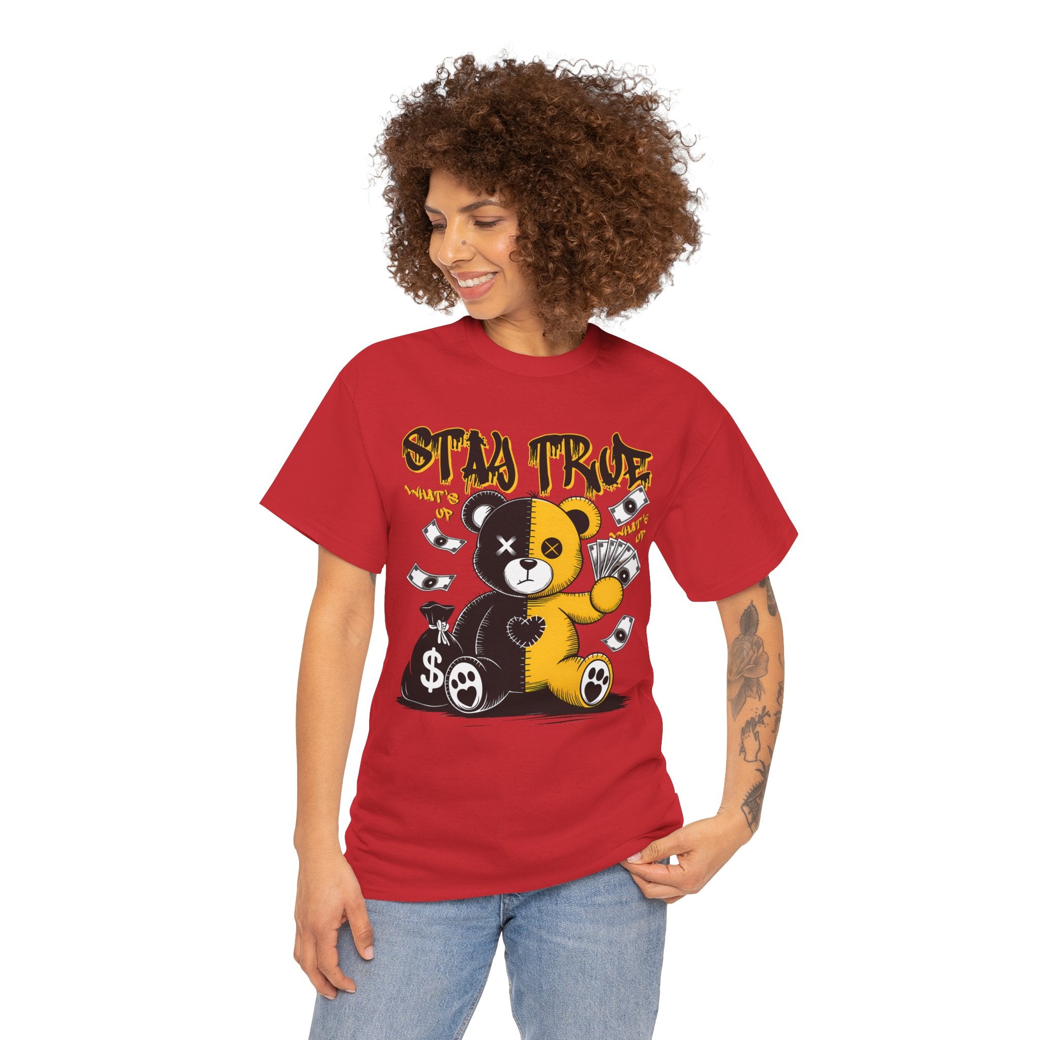 Stay True Bear Graphic Tee — Cute Black & Yellow Money Bear Shirt