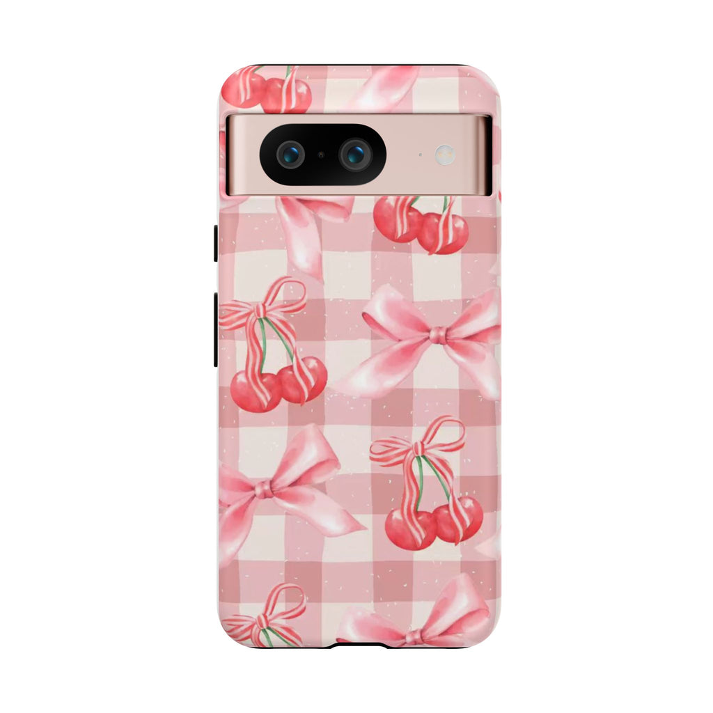 Pink Cherry Bow Phone Case — Cute Gingham Cherry Pattern