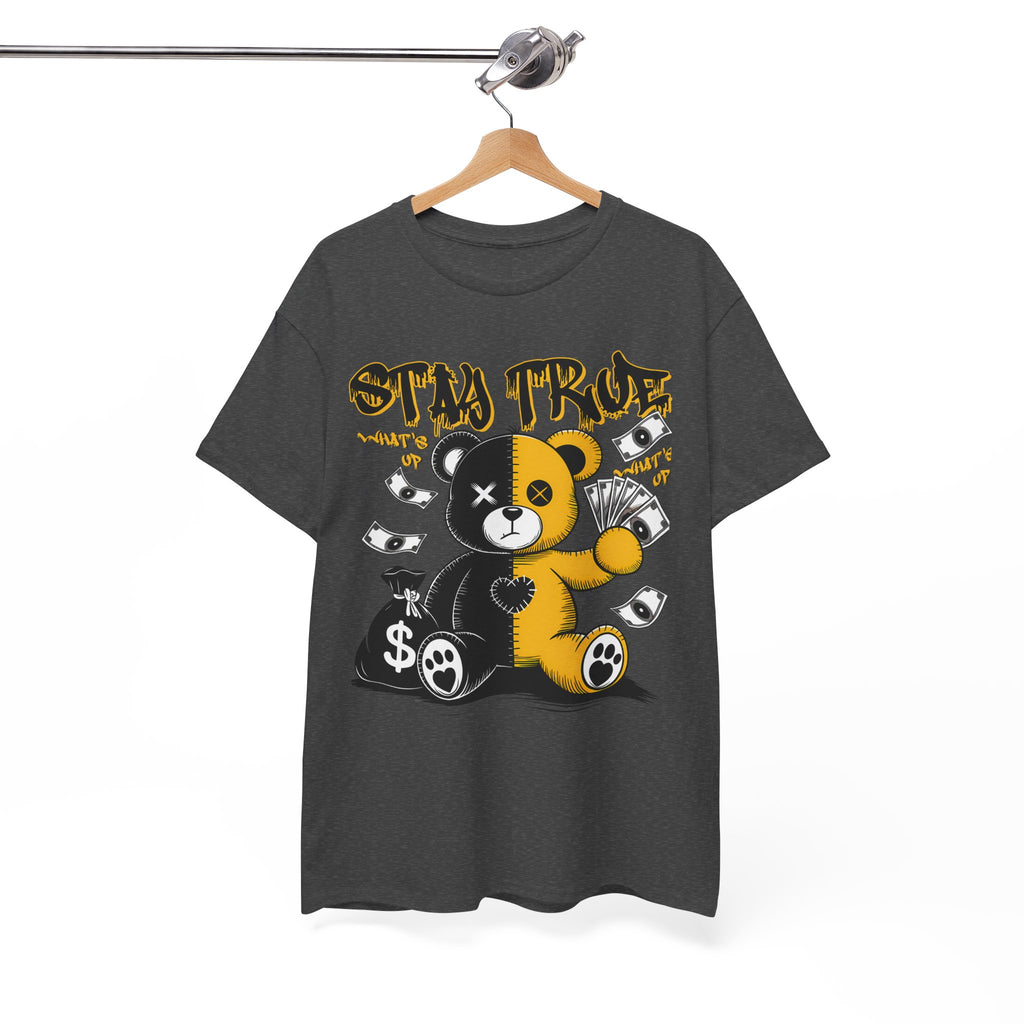 Stay True Bear Graphic Tee — Cute Black & Yellow Money Bear Shirt