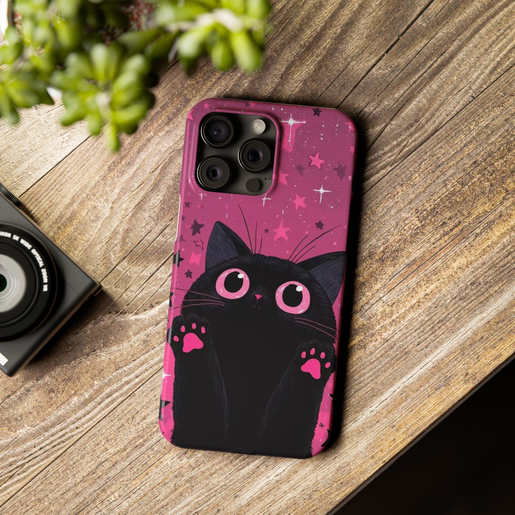 Cute Black Cat with Pink Paws Slim Phone Case | Starry Background