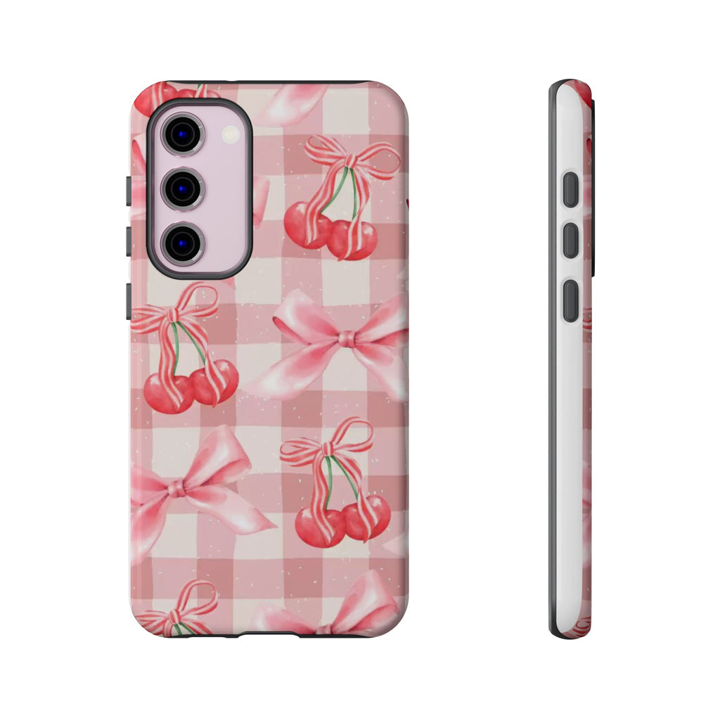 Pink Cherry Bow Phone Case — Cute Gingham Cherry Pattern