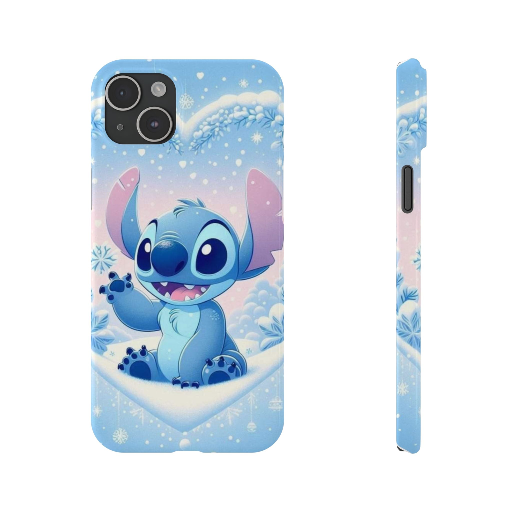Cute Blue Alien Character Slim Phone Case | Snow Heart Pattern