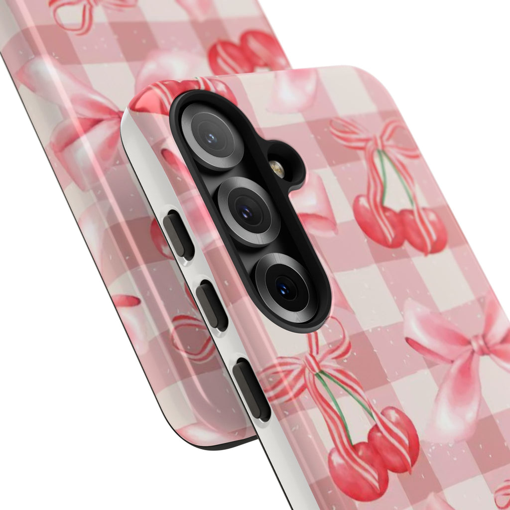 Pink Cherry Bow Phone Case — Cute Gingham Cherry Pattern