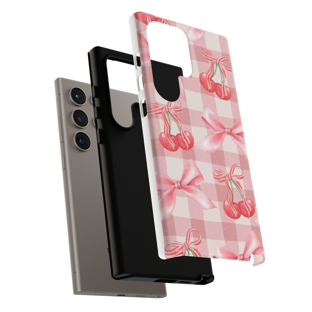 Pink Cherry Bow Phone Case — Cute Gingham Cherry Pattern