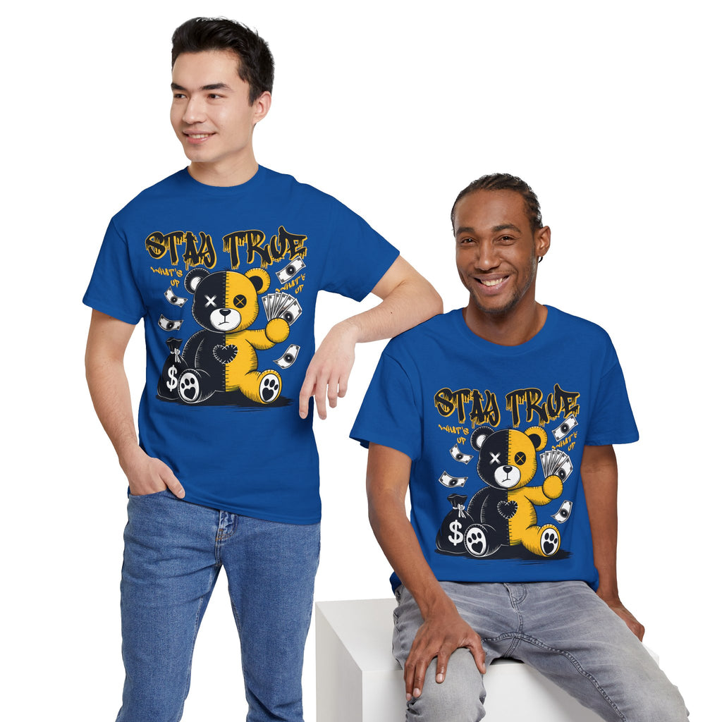 Stay True Bear Graphic Tee — Cute Black & Yellow Money Bear Shirt