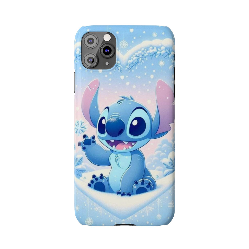 Cute Blue Alien Character Slim Phone Case | Snow Heart Pattern