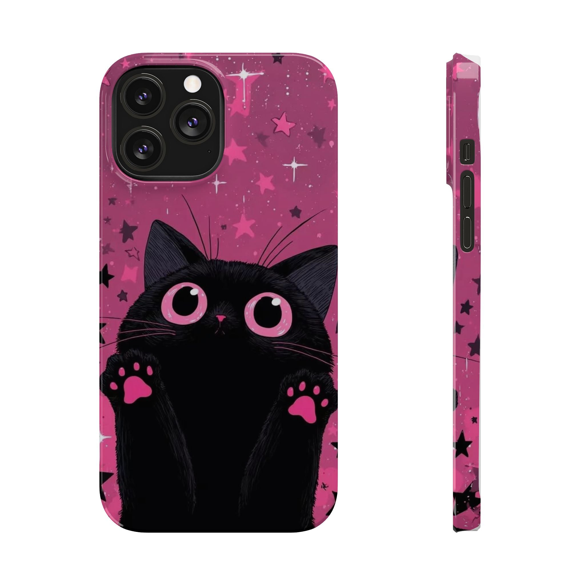 Cute Black Cat with Pink Paws Slim Phone Case | Starry Background