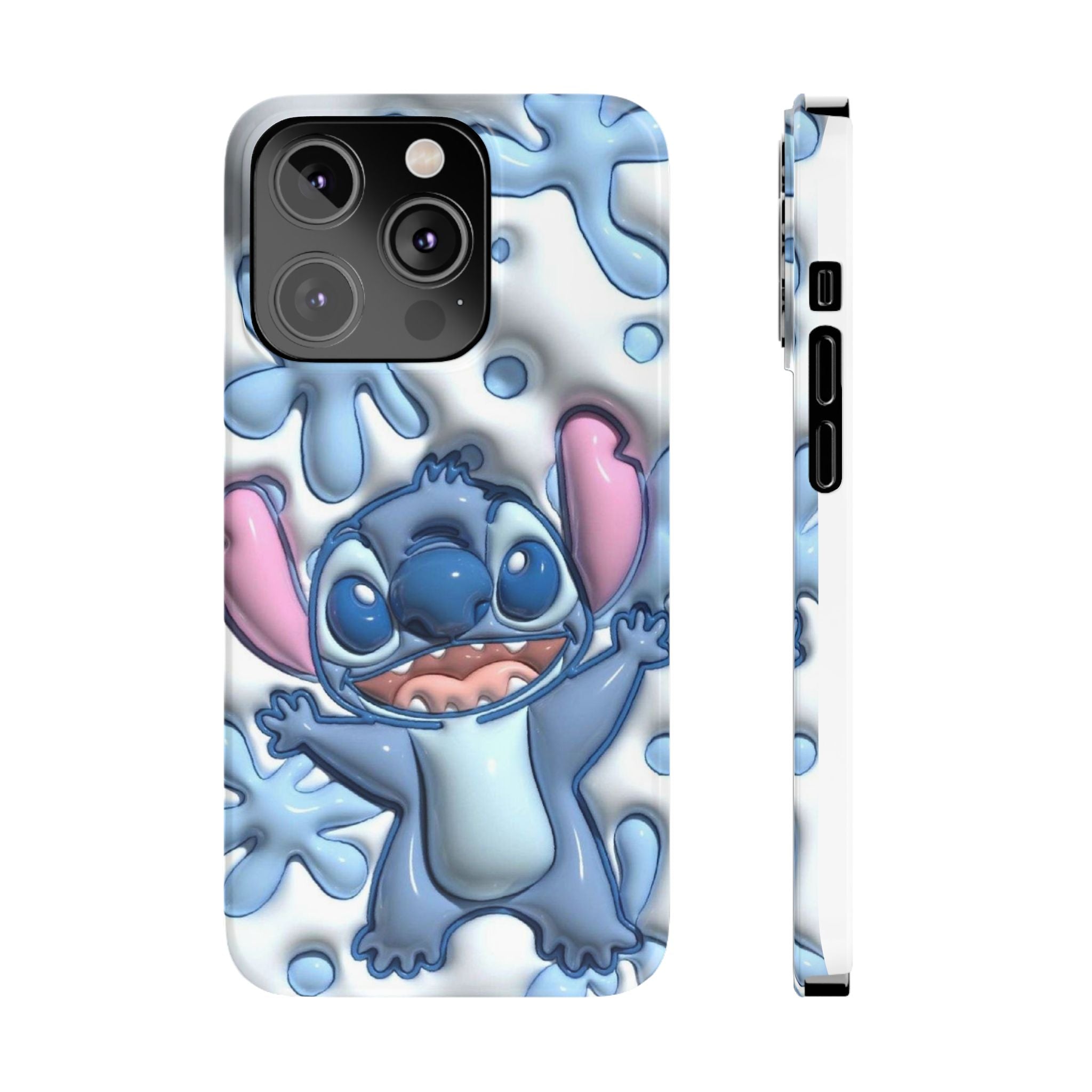 Cute Stitch Slim Phone Case – Blue Splash Cartoon Phone Cover