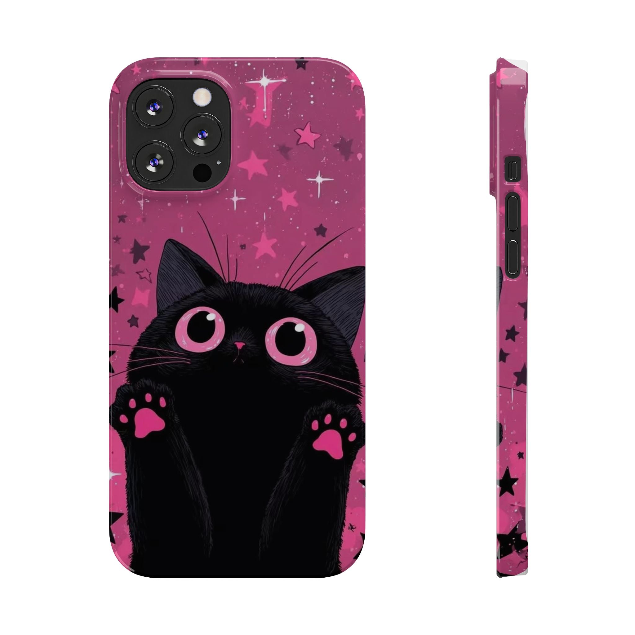 Cute Black Cat with Pink Paws Slim Phone Case | Starry Background