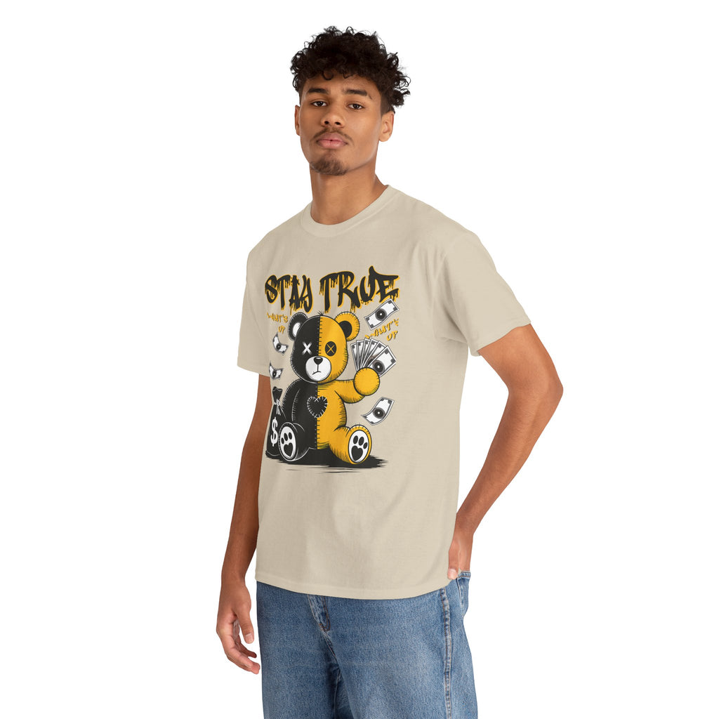 Stay True Bear Graphic Tee — Cute Black & Yellow Money Bear Shirt