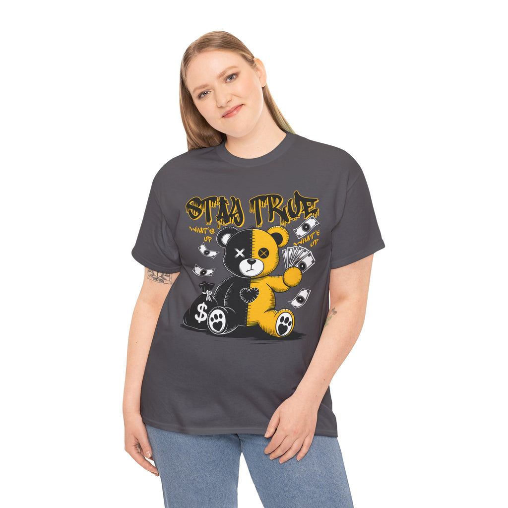 Stay True Bear Graphic Tee — Cute Black & Yellow Money Bear Shirt