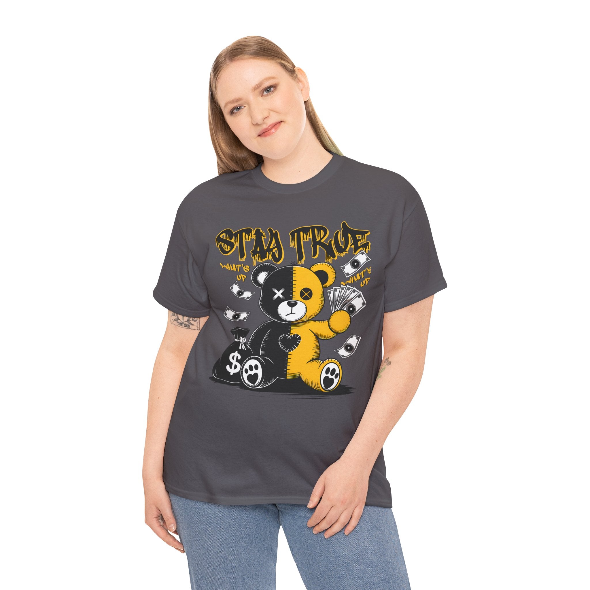 Stay True Bear Graphic Tee — Cute Black & Yellow Money Bear Shirt
