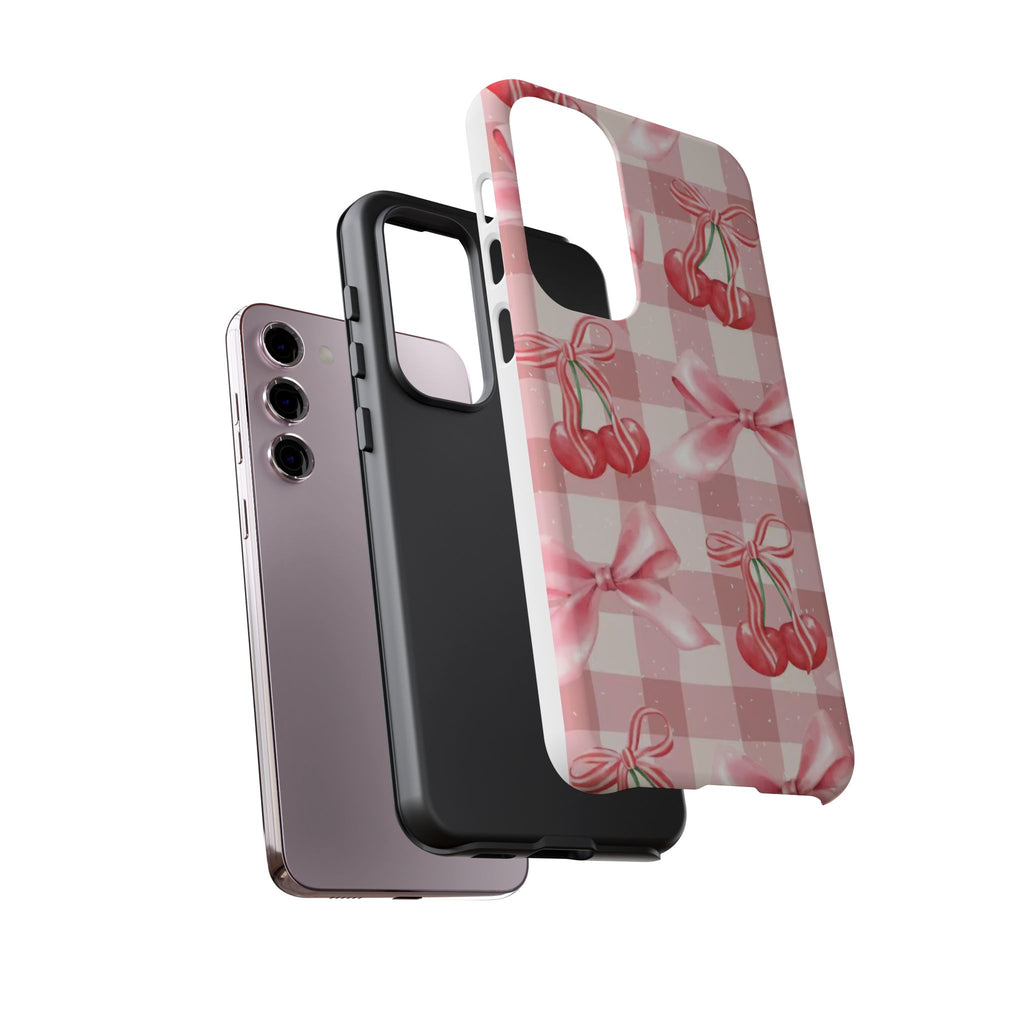 Pink Cherry Bow Phone Case — Cute Gingham Cherry Pattern