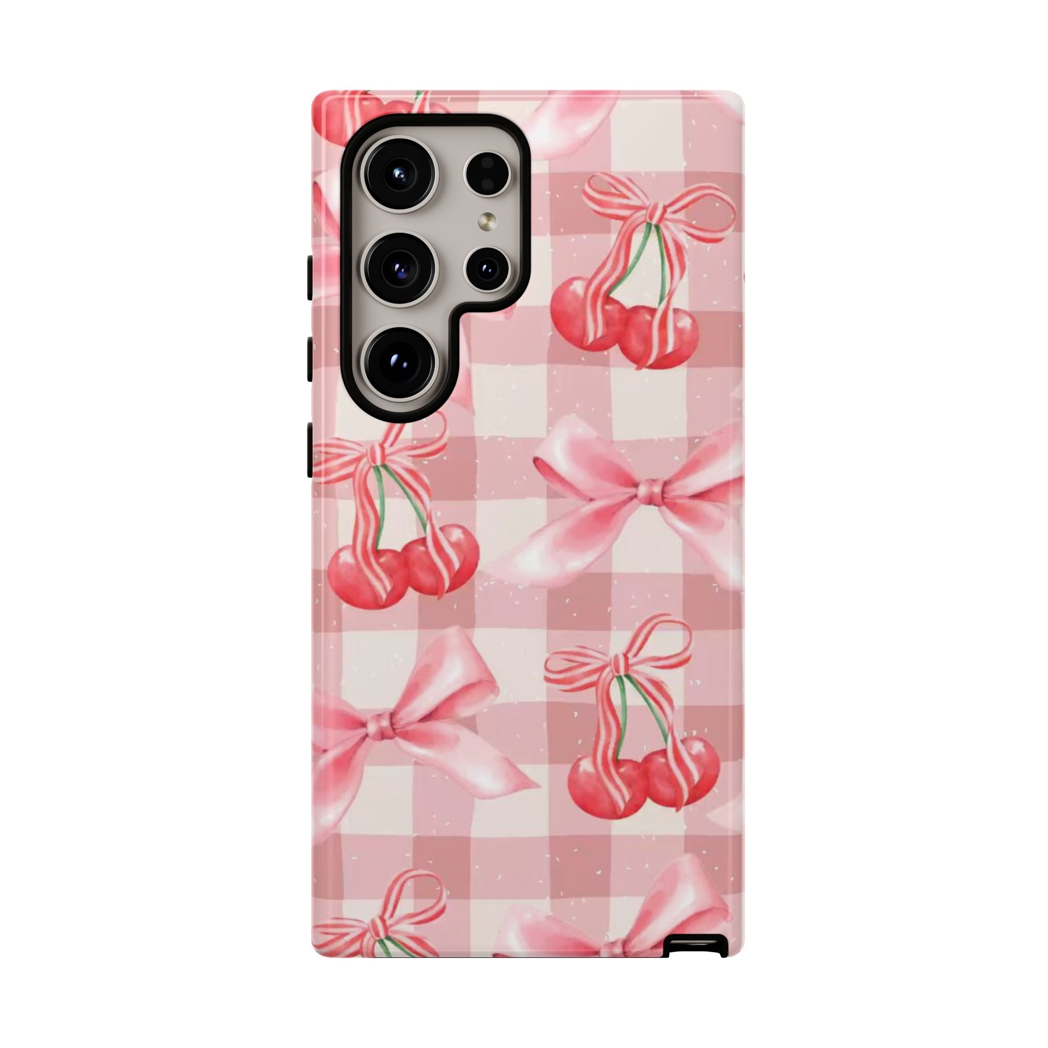 Pink Cherry Bow Phone Case — Cute Gingham Cherry Pattern