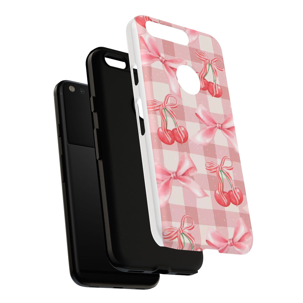 Pink Cherry Bow Phone Case — Cute Gingham Cherry Pattern