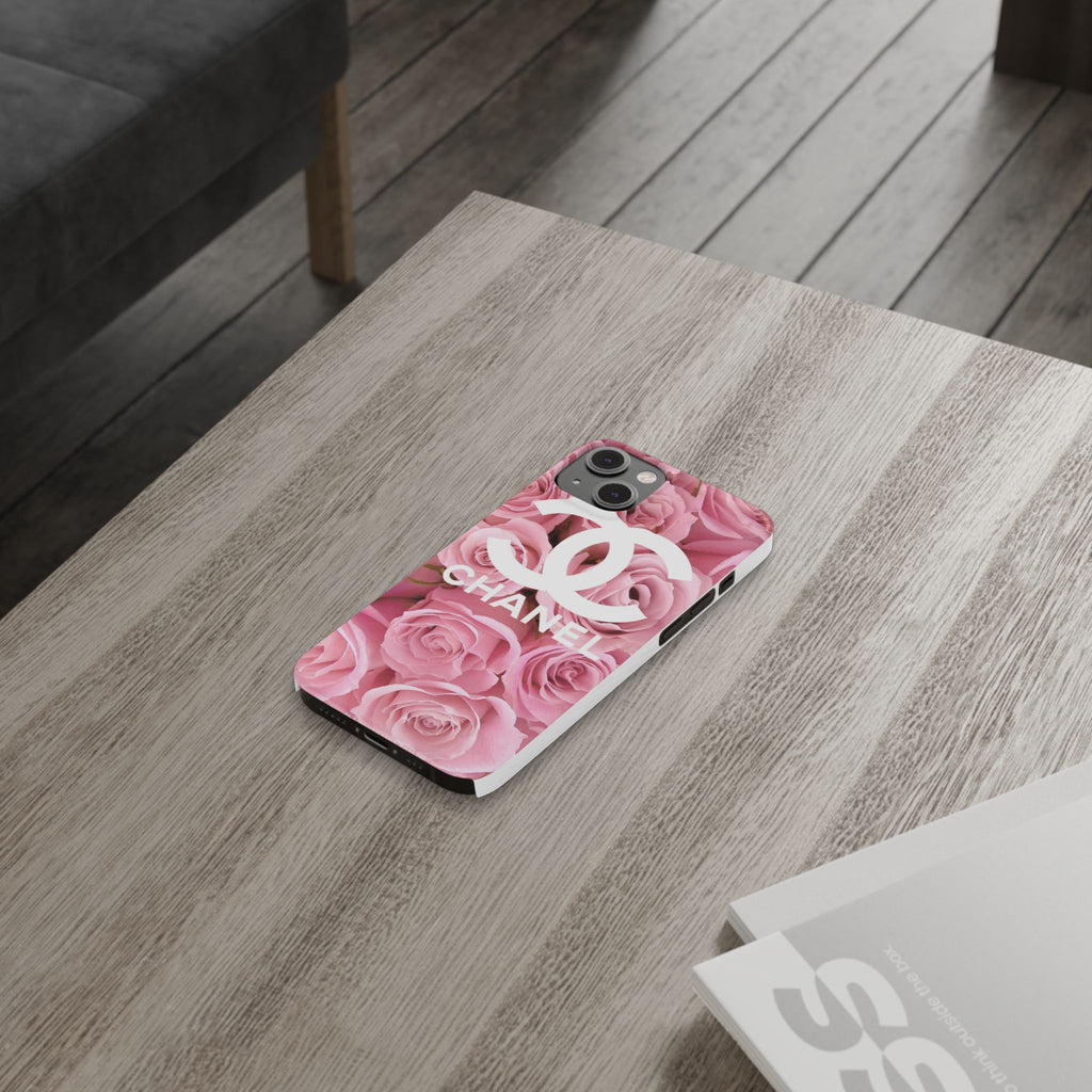 Slim Phone Case — Pink Rose Floral Design with Luxury Logo