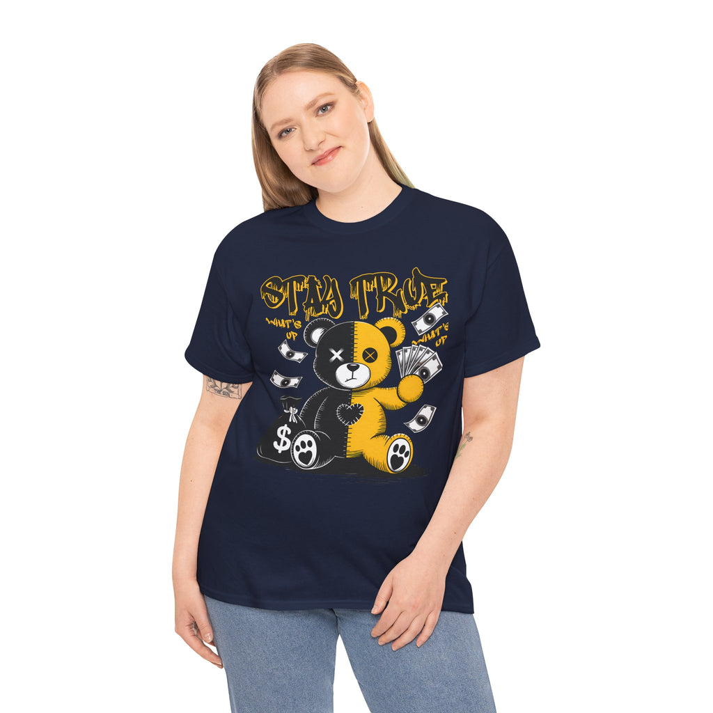 Stay True Bear Graphic Tee — Cute Black & Yellow Money Bear Shirt