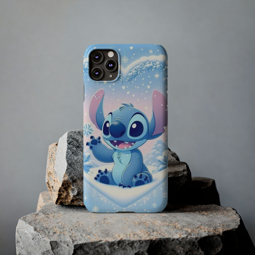 Cute Blue Alien Character Slim Phone Case | Snow Heart Pattern