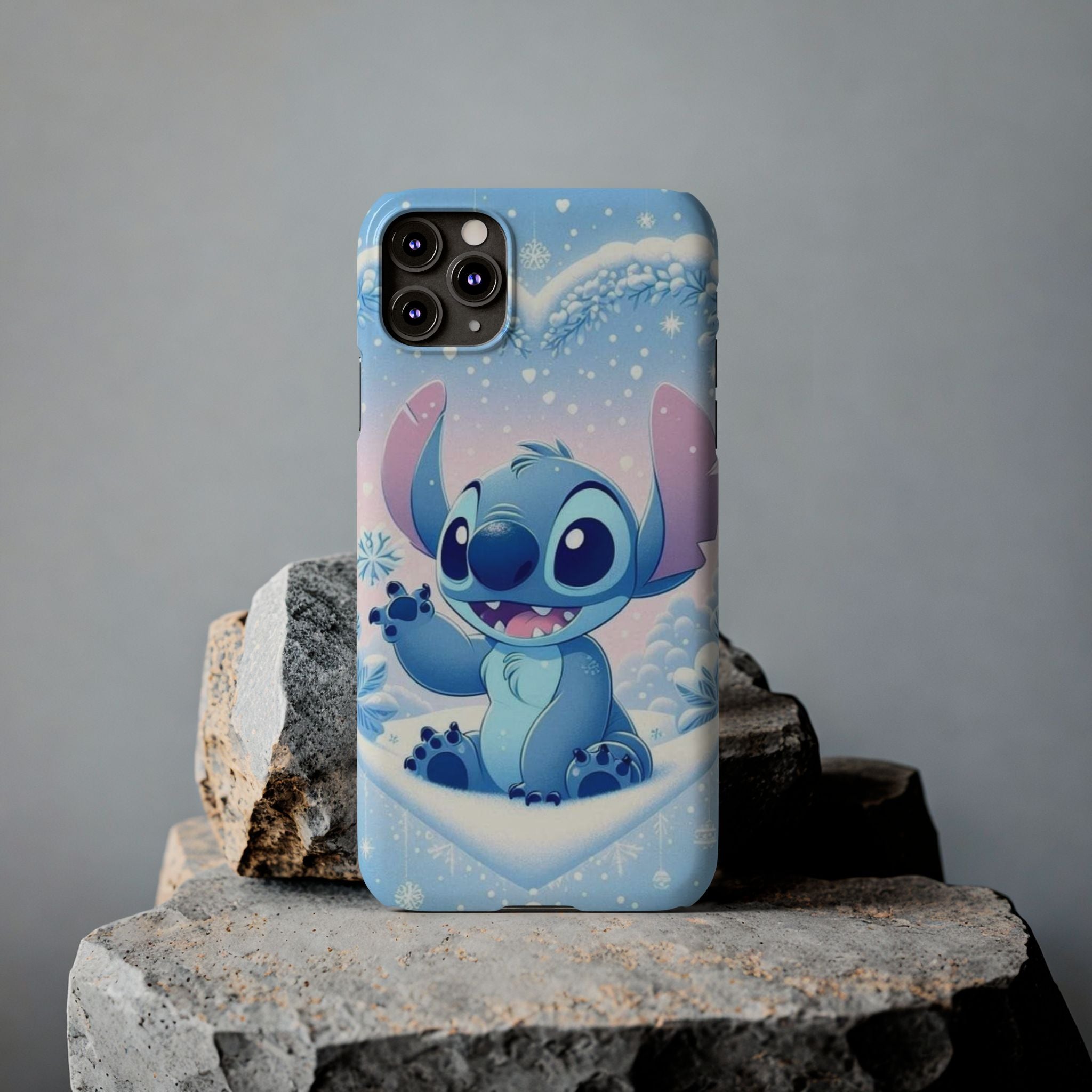 Cute Blue Alien Character Slim Phone Case | Snow Heart Pattern