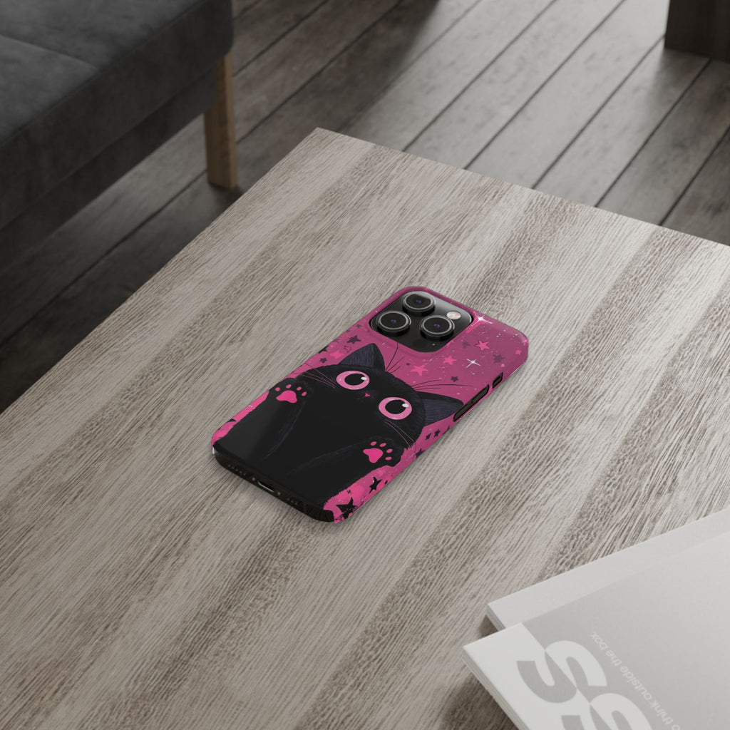 Cute Black Cat with Pink Paws Slim Phone Case | Starry Background