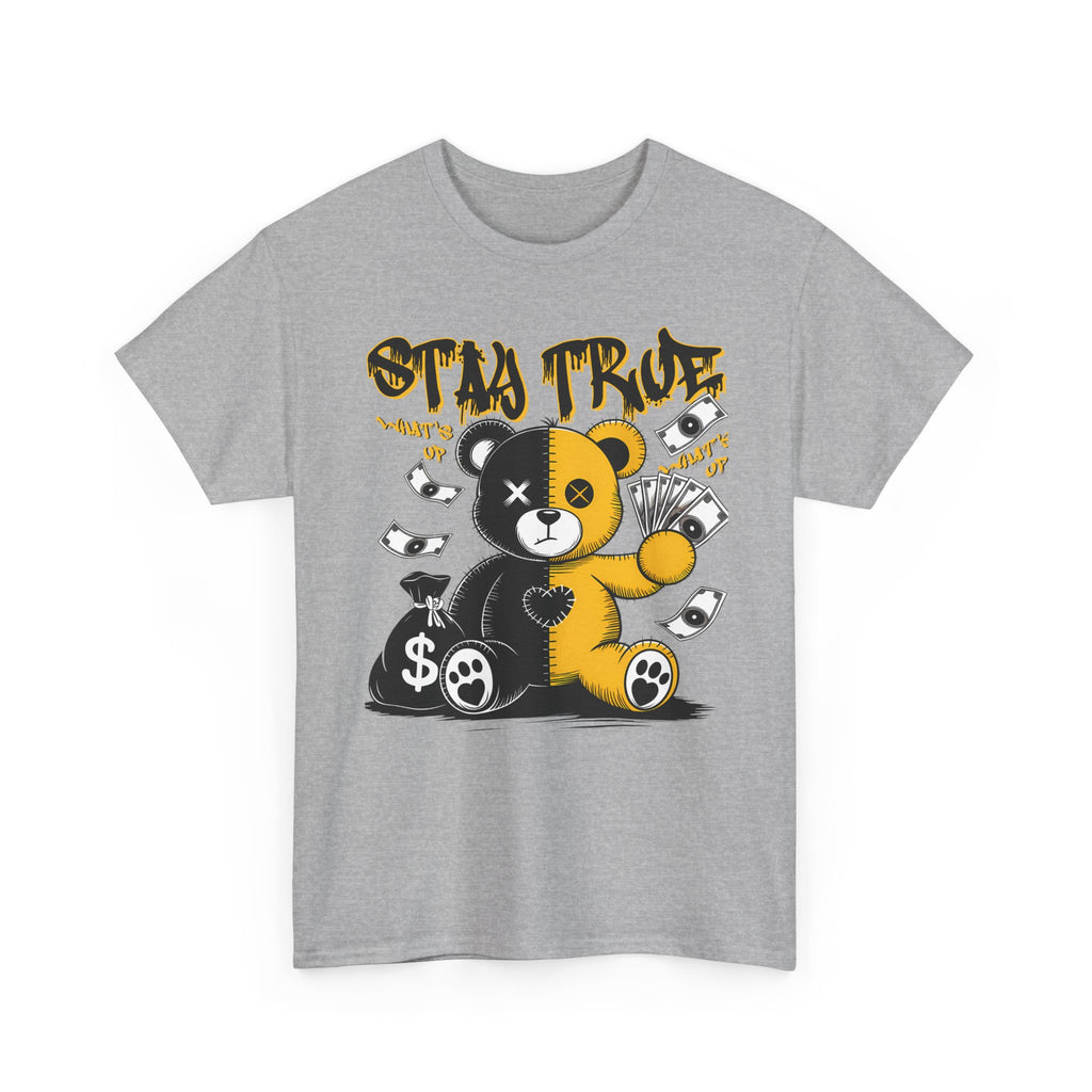 Stay True Bear Graphic Tee — Cute Black & Yellow Money Bear Shirt
