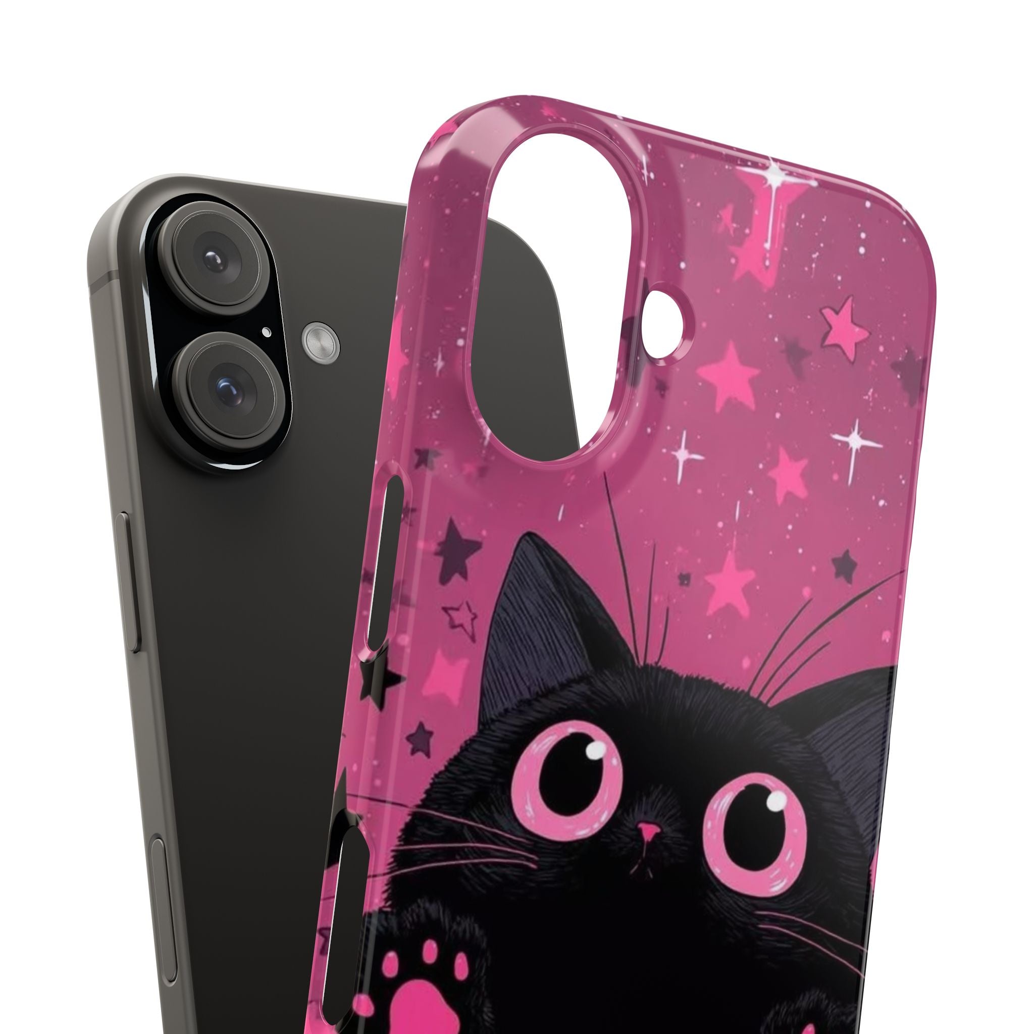 Cute Black Cat with Pink Paws Slim Phone Case | Starry Background