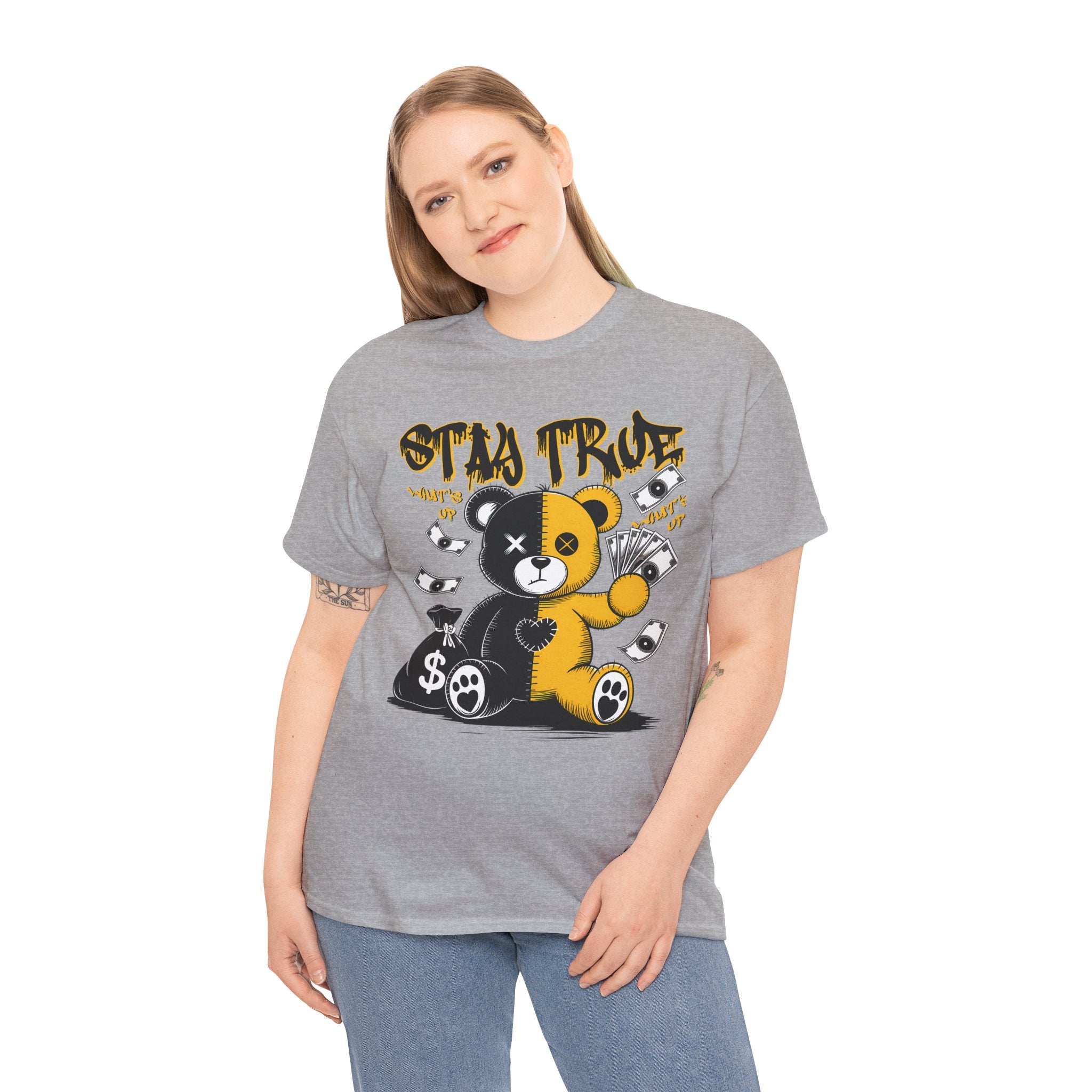 Stay True Bear Graphic Tee — Cute Black & Yellow Money Bear Shirt