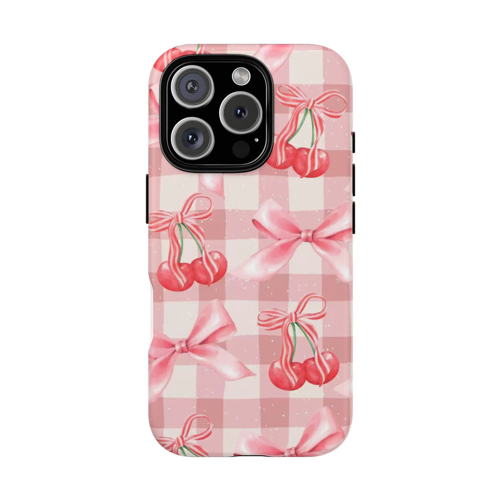 Pink Cherry Bow Phone Case — Cute Gingham Cherry Pattern