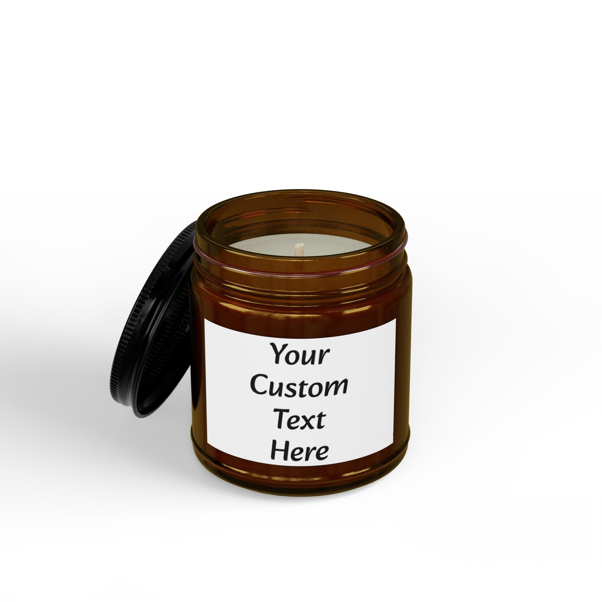 Custom Text Amber Jar Soy Candle 4oz 9oz | Black Lid, Personalized Label