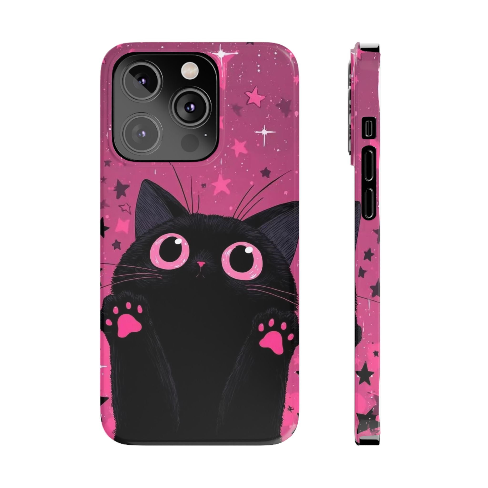 Cute Black Cat with Pink Paws Slim Phone Case | Starry Background
