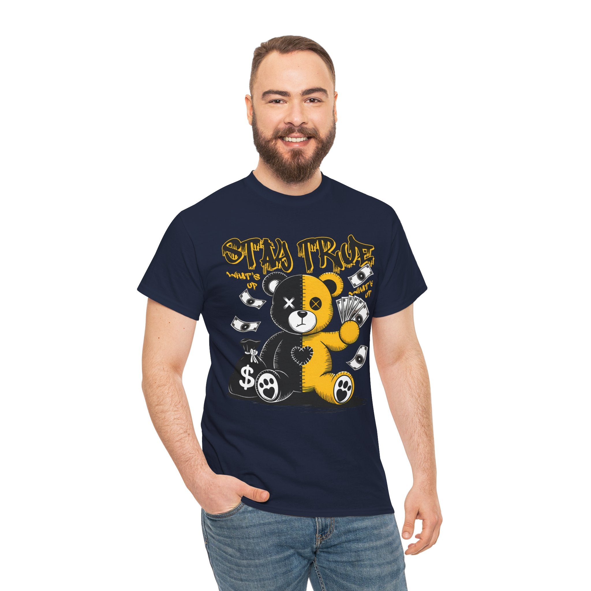 Stay True Bear Graphic Tee — Cute Black & Yellow Money Bear Shirt