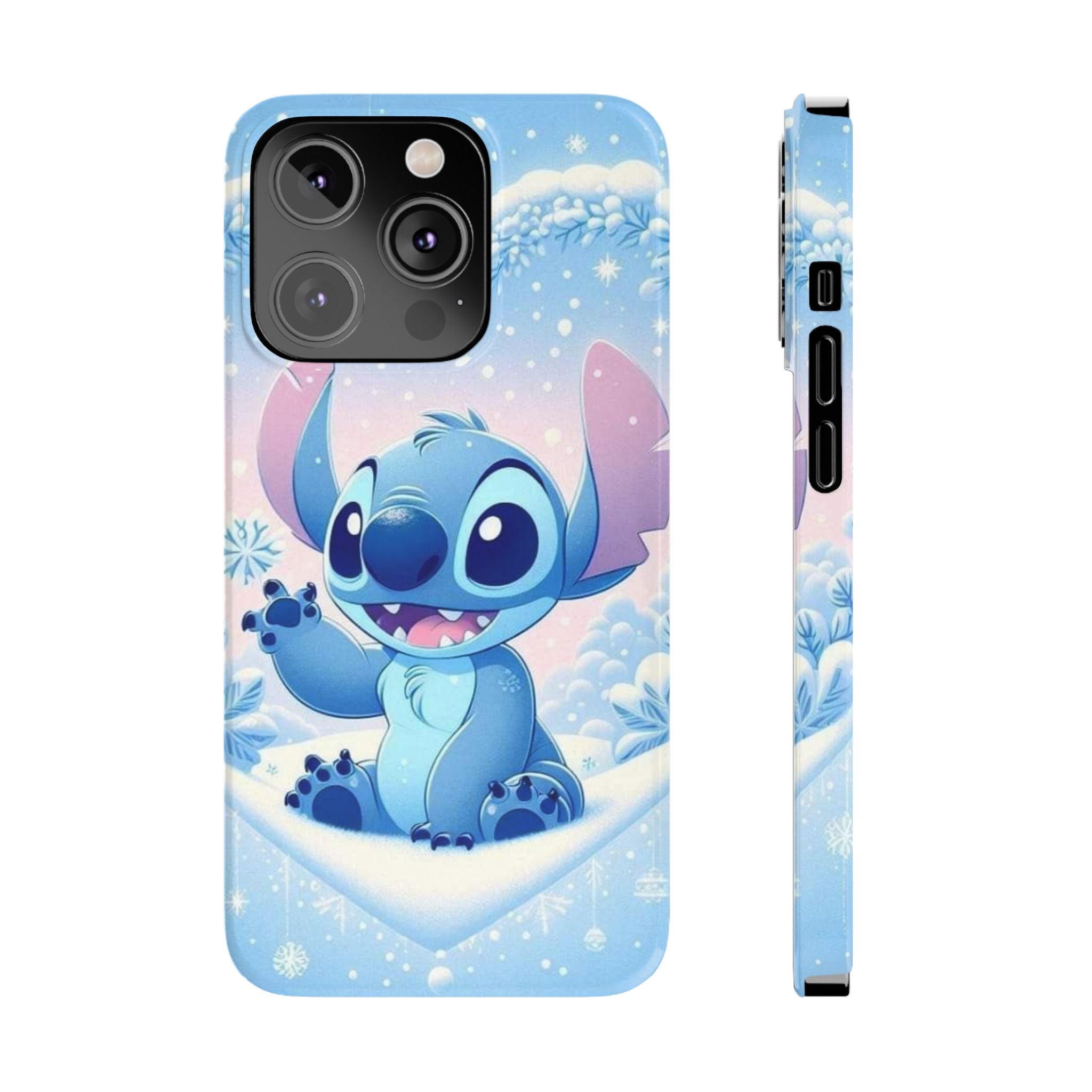 Cute Blue Alien Character Slim Phone Case | Snow Heart Pattern