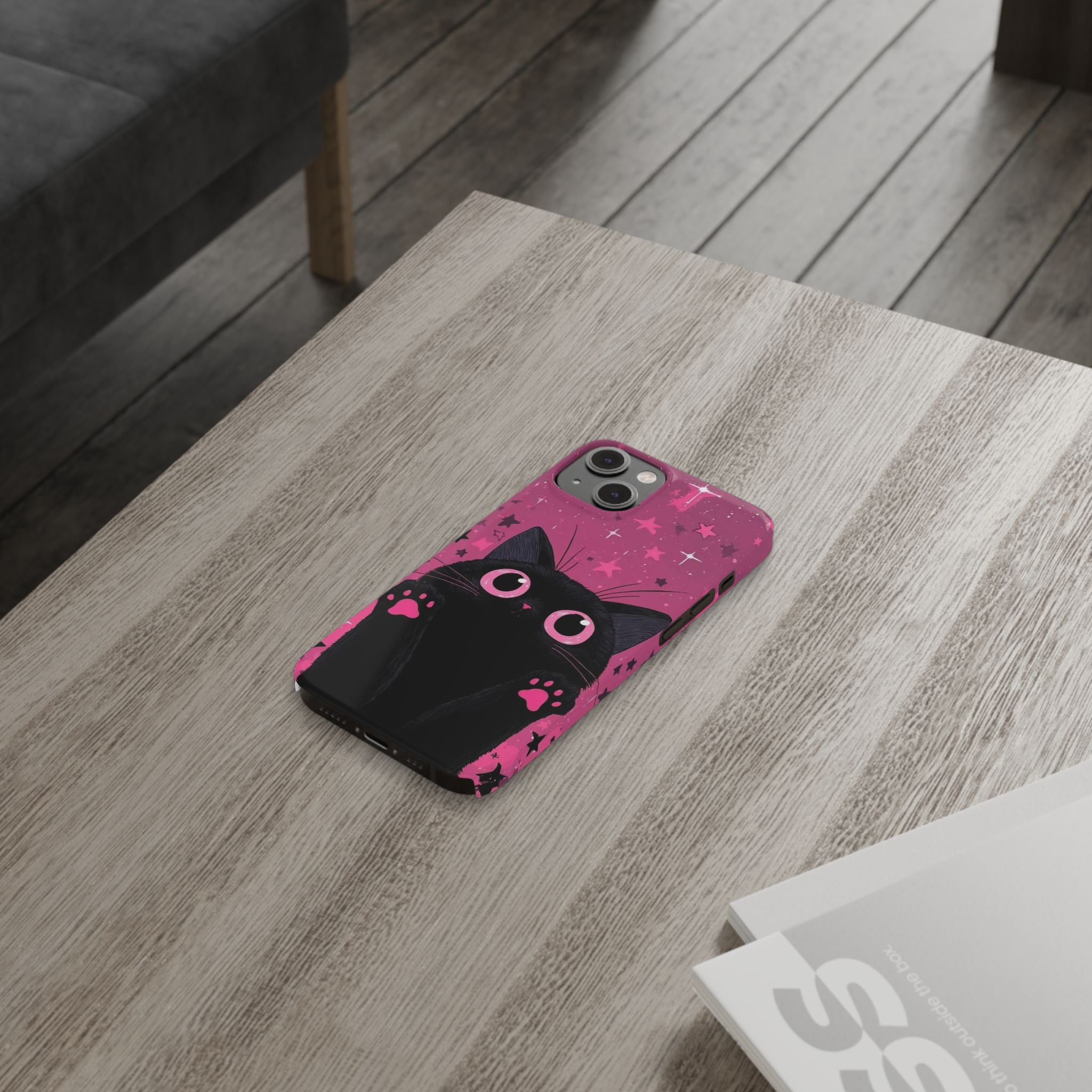 Cute Black Cat with Pink Paws Slim Phone Case | Starry Background