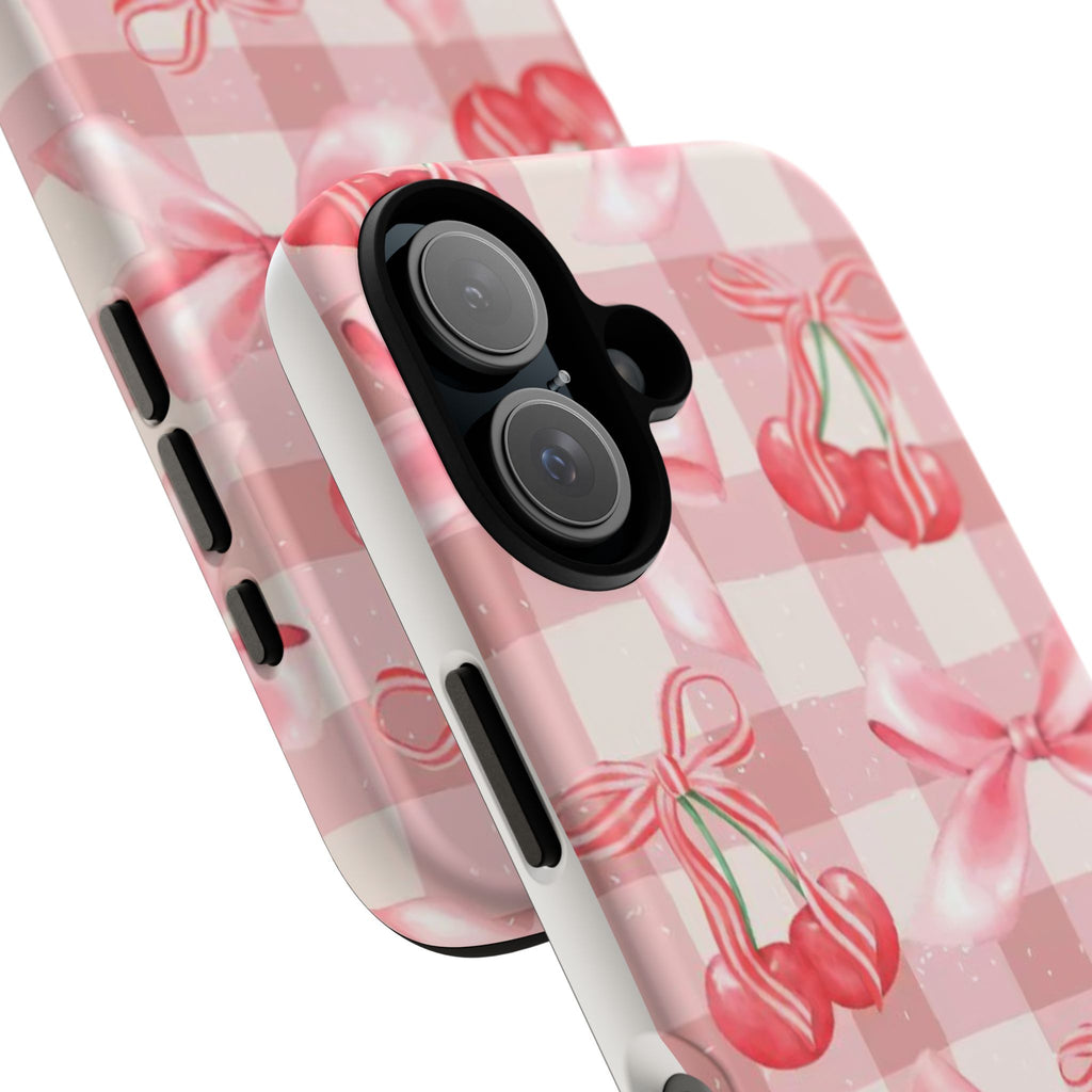 Pink Cherry Bow Phone Case — Cute Gingham Cherry Pattern