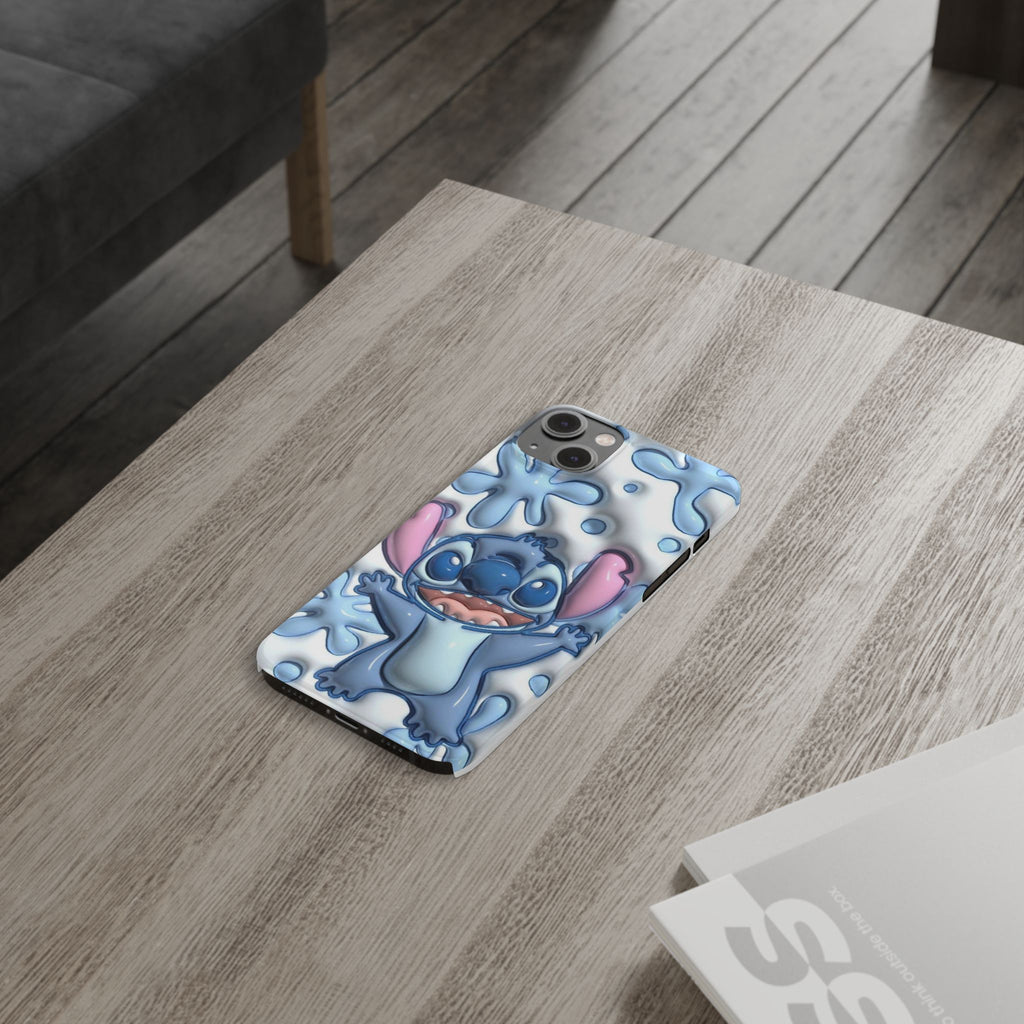 Cute Stitch Slim Phone Case – Blue Splash Cartoon Phone Cover