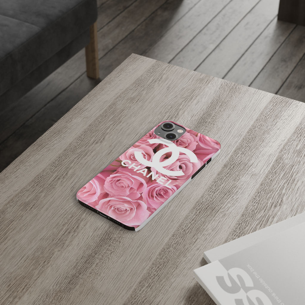 Slim Phone Case — Pink Rose Floral Design with Luxury Logo